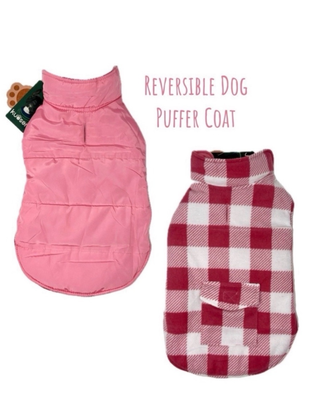 Dog Puffer Coat Reversible Reflective Waterproof Jacket Medium Pink Plaid Kuoser